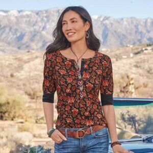 Sundance Black Cordelia Bloom Cotton Henley Thermal Top Onyx floral szM